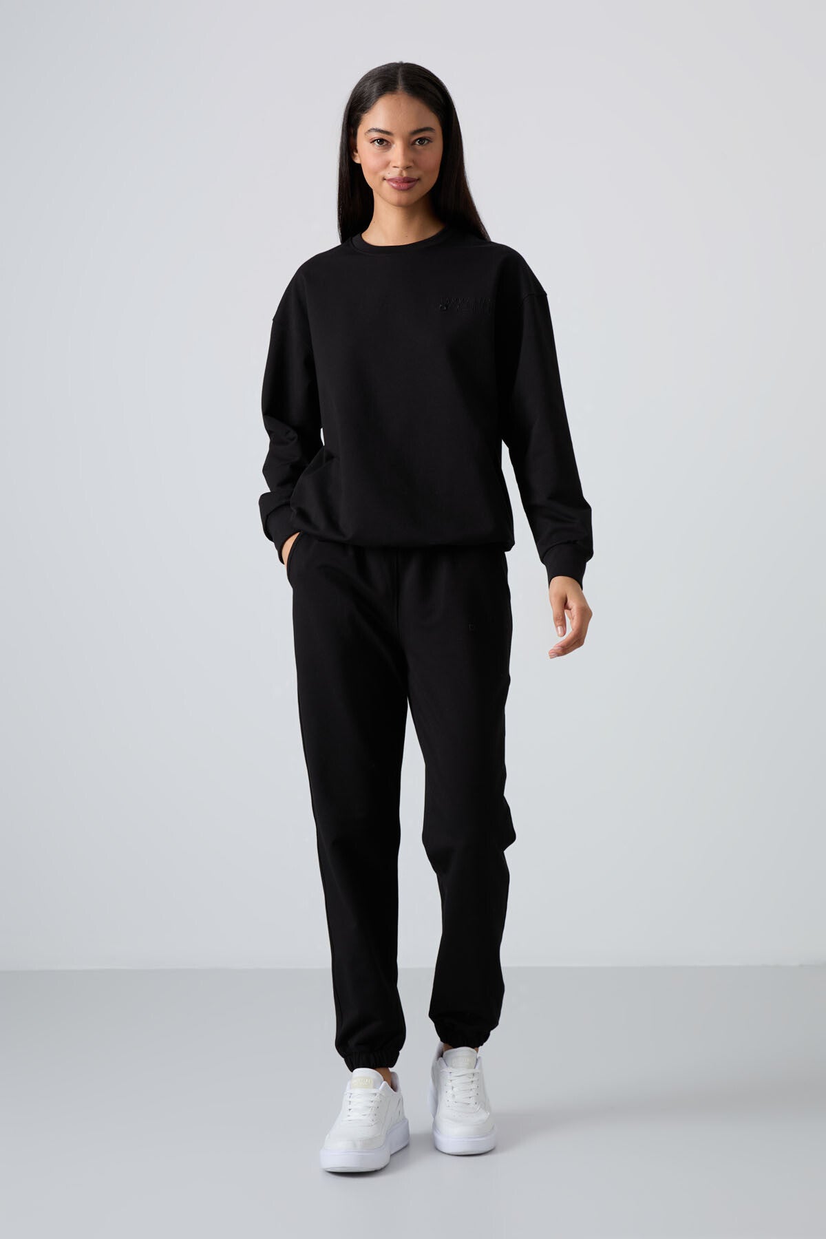 Black Basic Cotton O Neck Oversize Elastic Cuff Women's Tracksuit Set - 95287