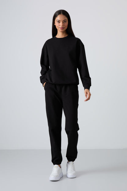 Black Basic Cotton O Neck Oversize Elastic Cuff Women's Tracksuit Set - 95287