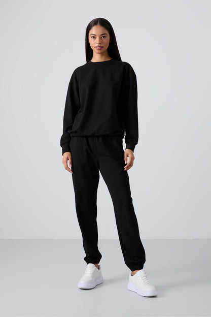 Black Basic Cotton O Neck Oversize Elastic Cuff Women's Tracksuit Set - 95287