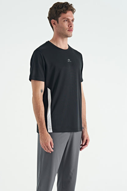 Black O-collar standard active sports men's T-shirt with a patterned collar - 88254