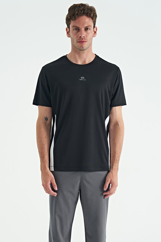 Black O-collar standard active sports men's T-shirt with a patterned collar - 88254