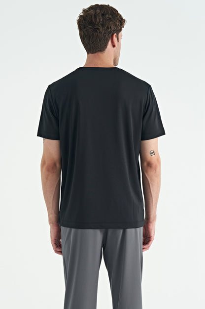 Black O-collar standard active sports men's T-shirt with a patterned collar - 88254