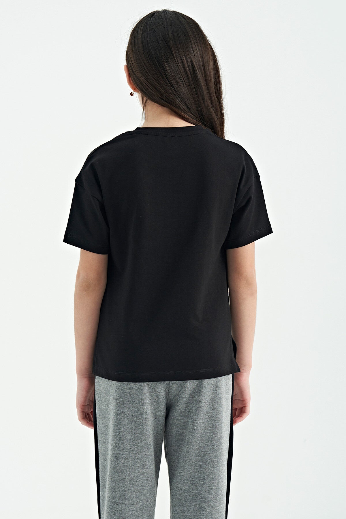 Black O Collar Printed Low Shoulder Oversize Girl's T-Shirt - 75115