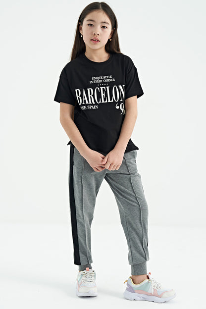 Black O Collar Printed Low Shoulder Oversize Girl's T-Shirt - 75115