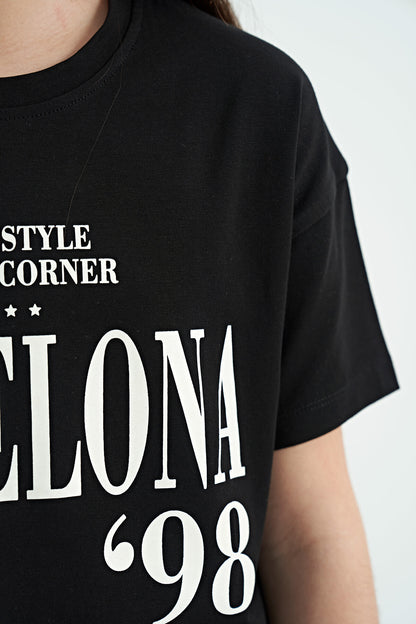 Black O Collar Printed Low Shoulder Oversize Girl's T-Shirt - 75115