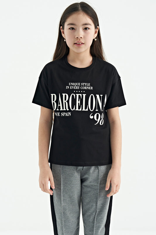 Black O Collar Printed Low Shoulder Oversize Girl's T-Shirt - 75115