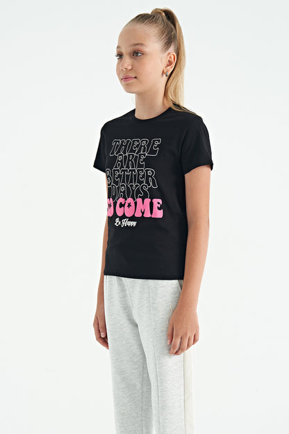 Black O Collar Print Comfort Fit Short Sleeve Cropped Girl's T-Shirt - 75118