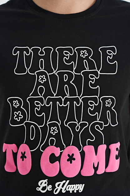 Black O Collar Print Comfort Fit Short Sleeve Cropped Girl's T-Shirt - 75118