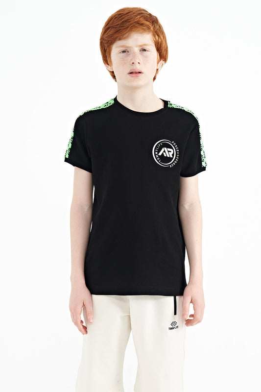 Black Shoulder Print Detailed Standard Fit O Collar Boys T-Shirt - 11121