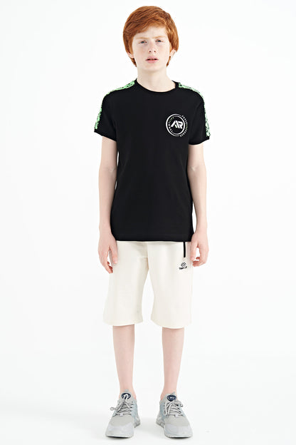 Black Shoulder Print Detailed Standard Fit O Collar Boys T-Shirt - 11121