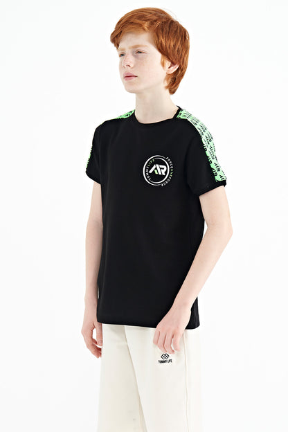 Black Shoulder Print Detailed Standard Fit O Collar Boys T-Shirt - 11121