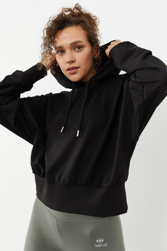 Black Shoulder Gather Detailed Puff Sleeve Comfortable Fit Women's Sweatshirt - 97166