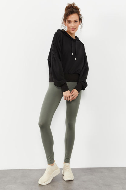 Black Shoulder Gather Detailed Puff Sleeve Comfortable Fit Women's Sweatshirt - 97166