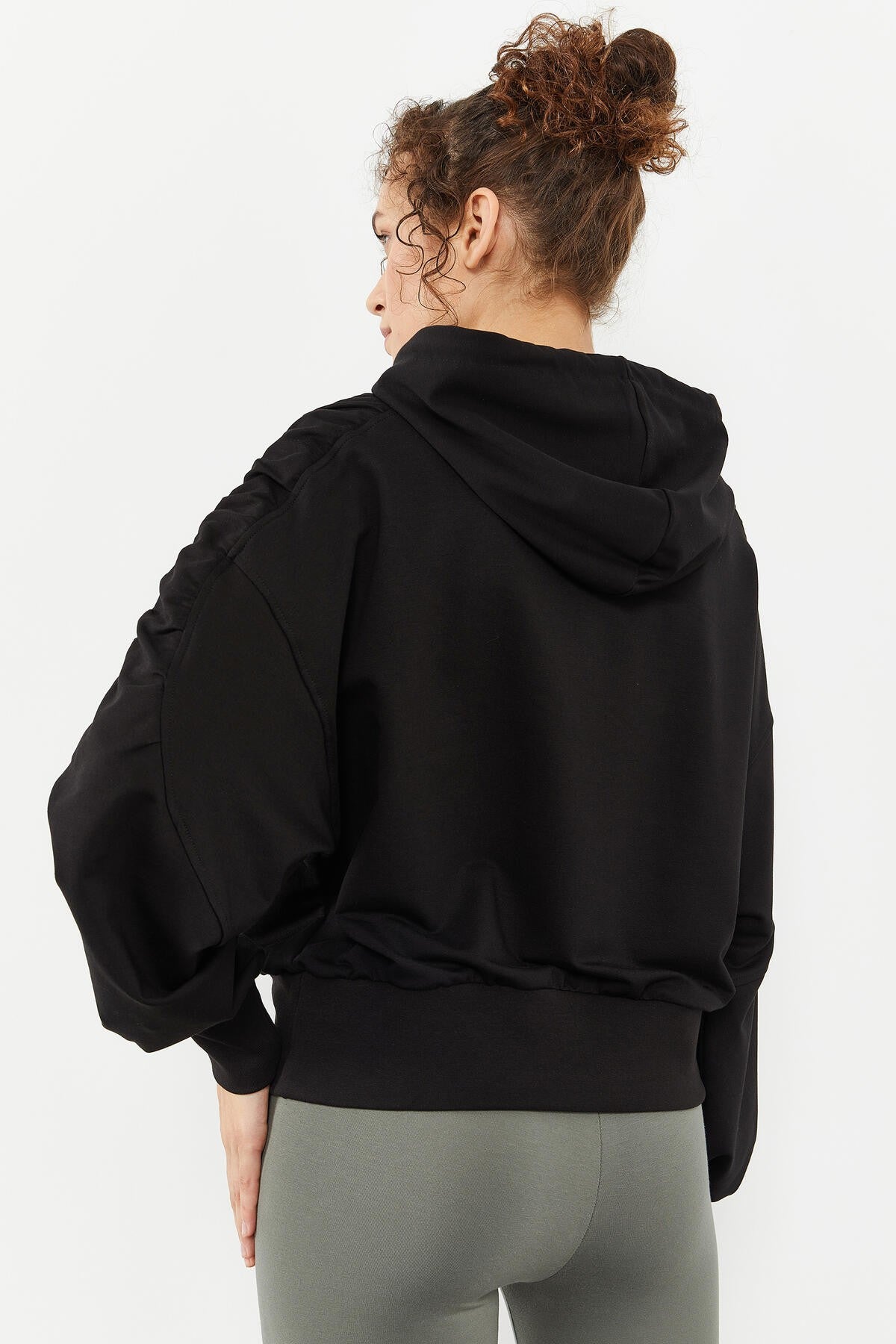 Black Shoulder Gather Detailed Puff Sleeve Comfortable Fit Women's Sweatshirt - 97166