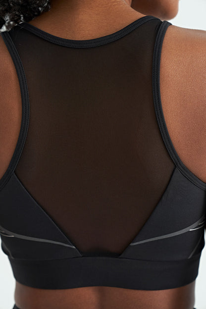 Black Front Back Print Detailed U Collar Slim Fit Women's Sports Bustier - 97252