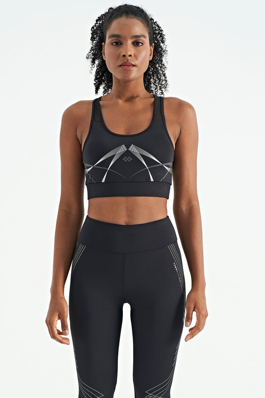 Black Front Back Print Detailed U Collar Slim Fit Women's Sports Bustier - 97252