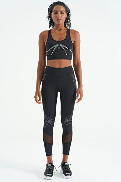 Black Front Back Print Detailed U Collar Slim Fit Women's Sports Bustier - 97252