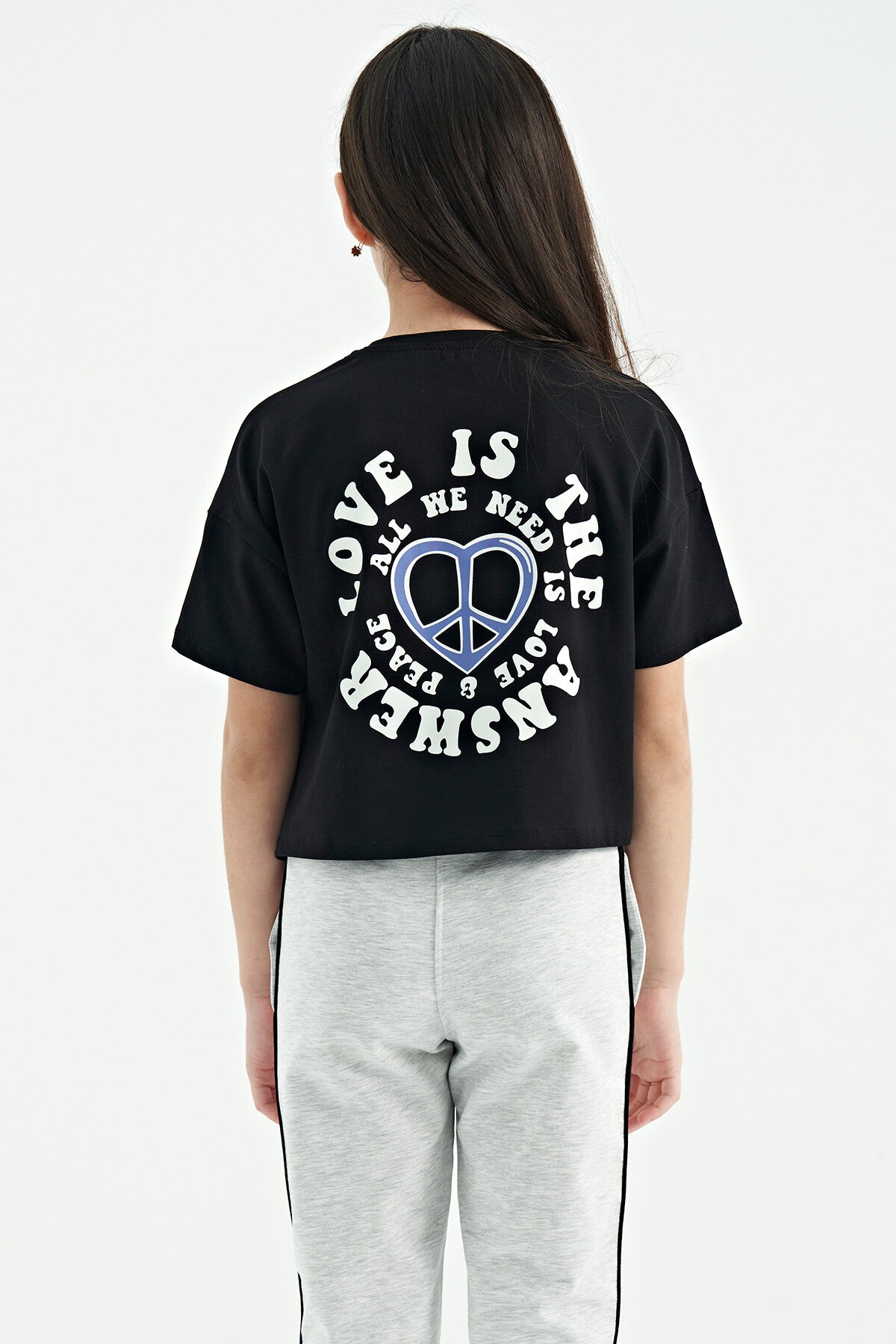 Black Front and Back Printed O Collar Low Shoulder Oversize Short Sleeve Girls T-Shirt - 75126