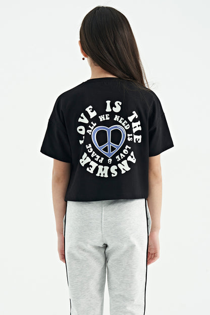 Black Front and Back Printed O Collar Low Shoulder Oversize Short Sleeve Girls T-Shirt - 75126