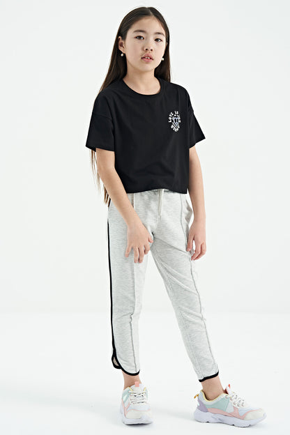 Black Front and Back Printed O Collar Low Shoulder Oversize Short Sleeve Girls T-Shirt - 75126
