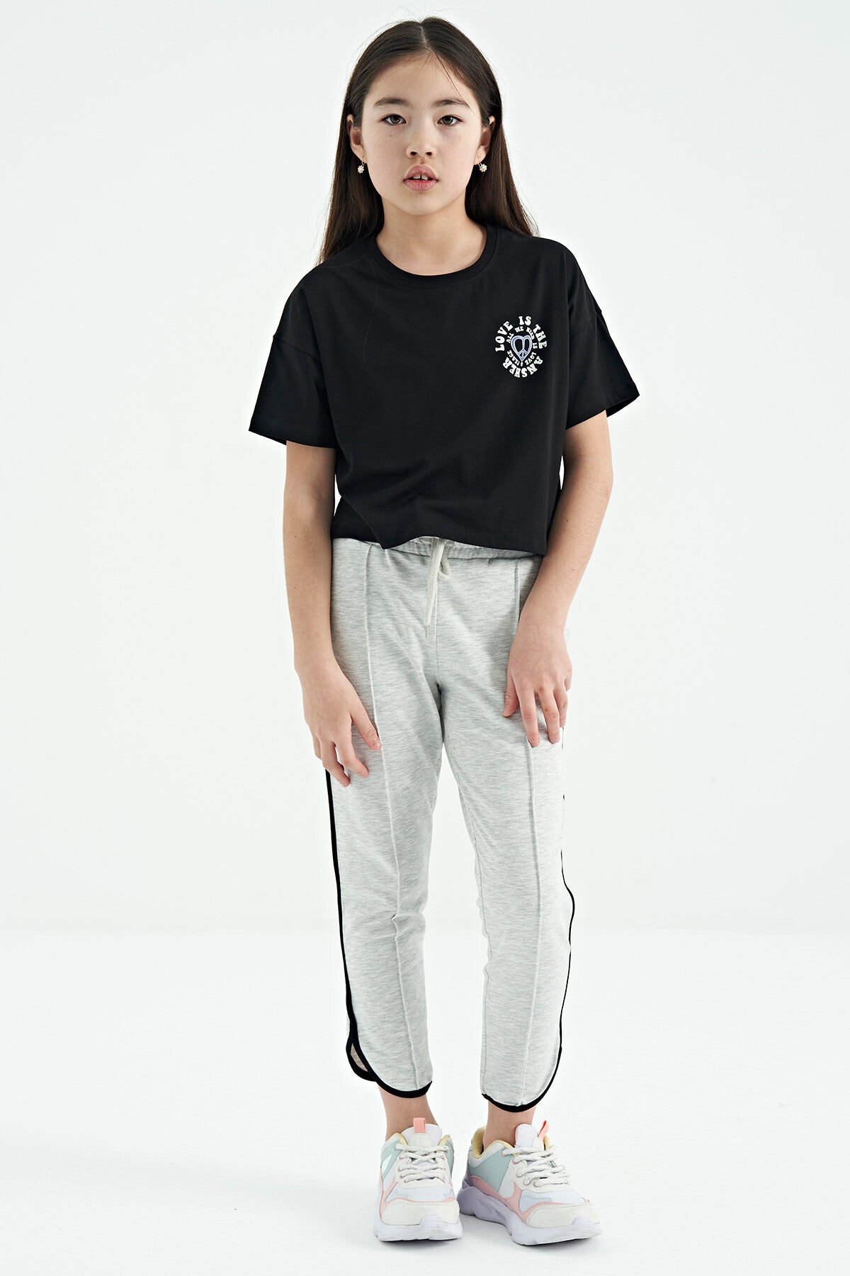 Black Front and Back Printed O Collar Low Shoulder Oversize Short Sleeve Girls T-Shirt - 75126