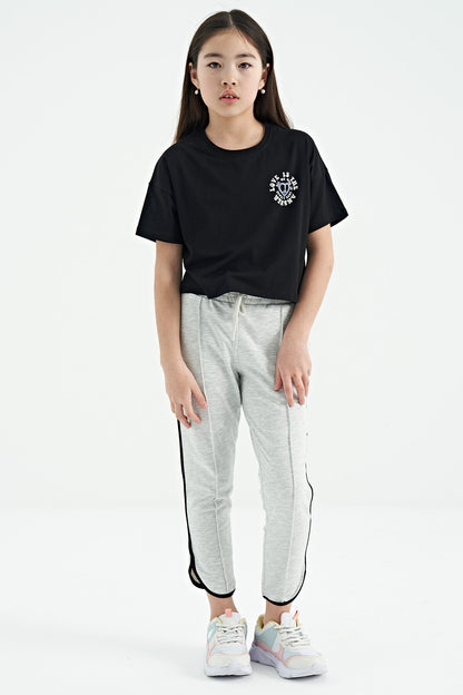 Black Front and Back Printed O Collar Low Shoulder Oversize Short Sleeve Girls T-Shirt - 75126