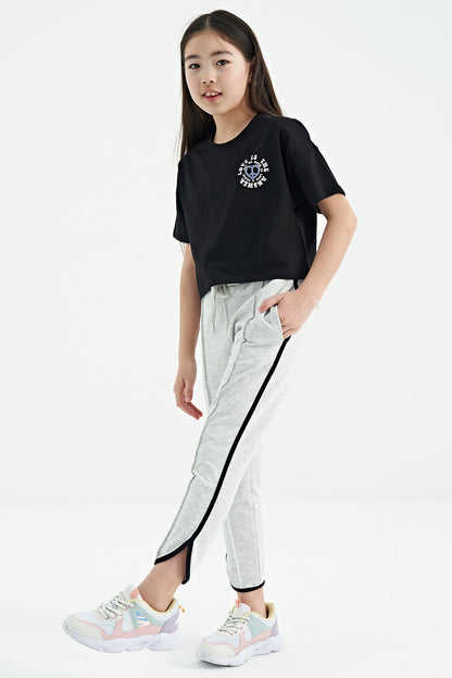 Black Front and Back Printed O Collar Low Shoulder Oversize Short Sleeve Girls T-Shirt - 75126