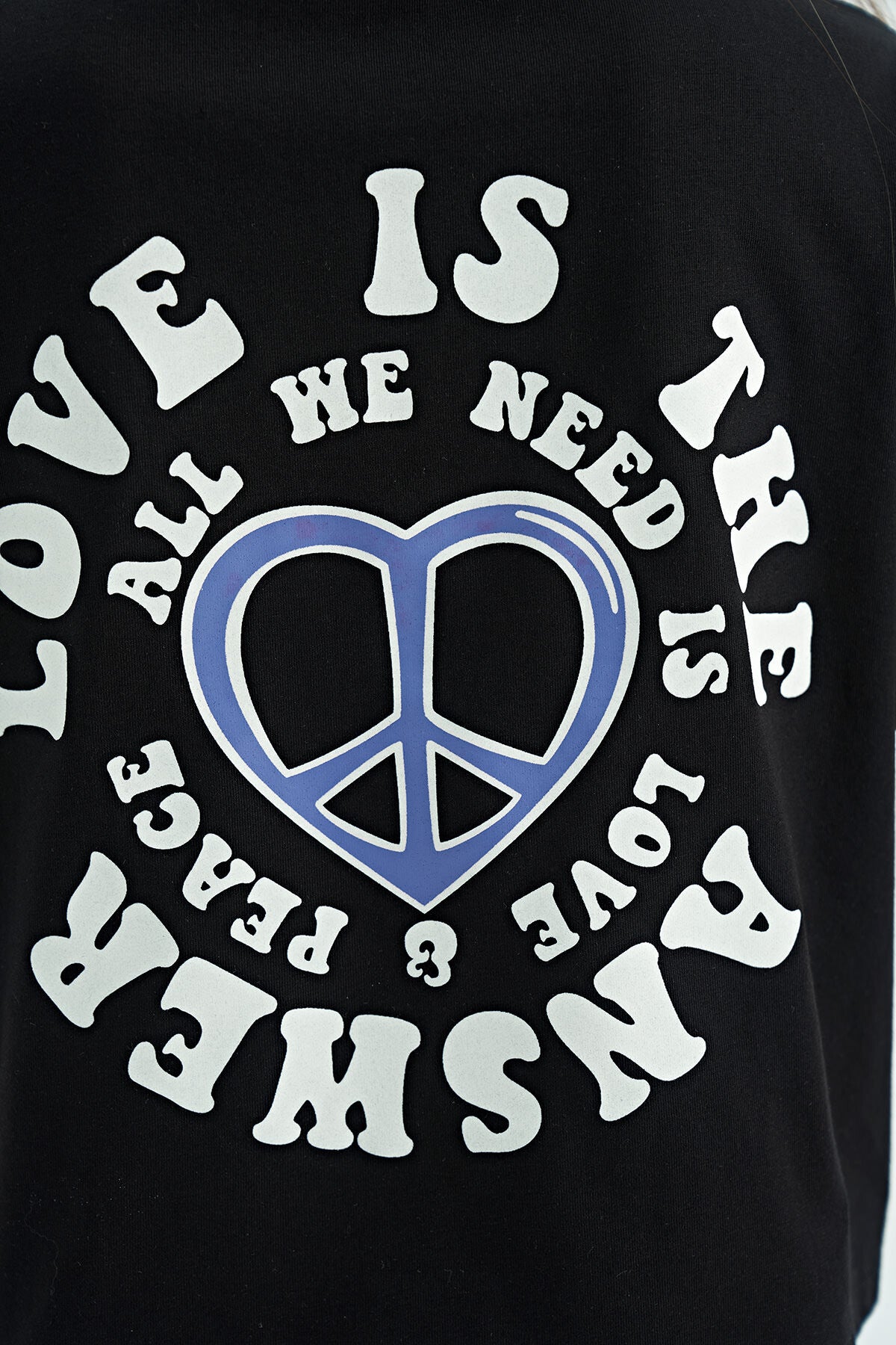Black Front and Back Printed O Collar Low Shoulder Oversize Short Sleeve Girls T-Shirt - 75126