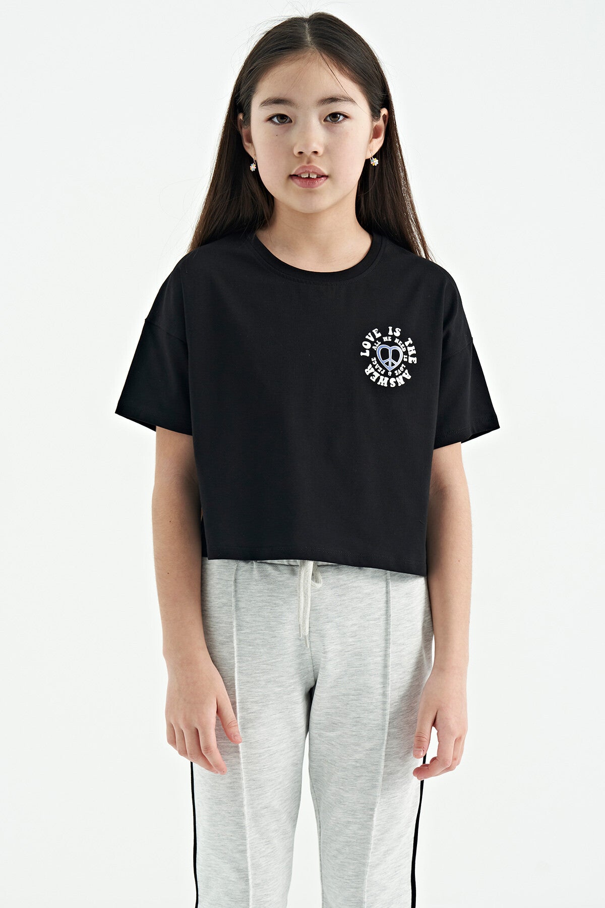 Black Front and Back Printed O Collar Low Shoulder Oversize Short Sleeve Girls T-Shirt - 75126
