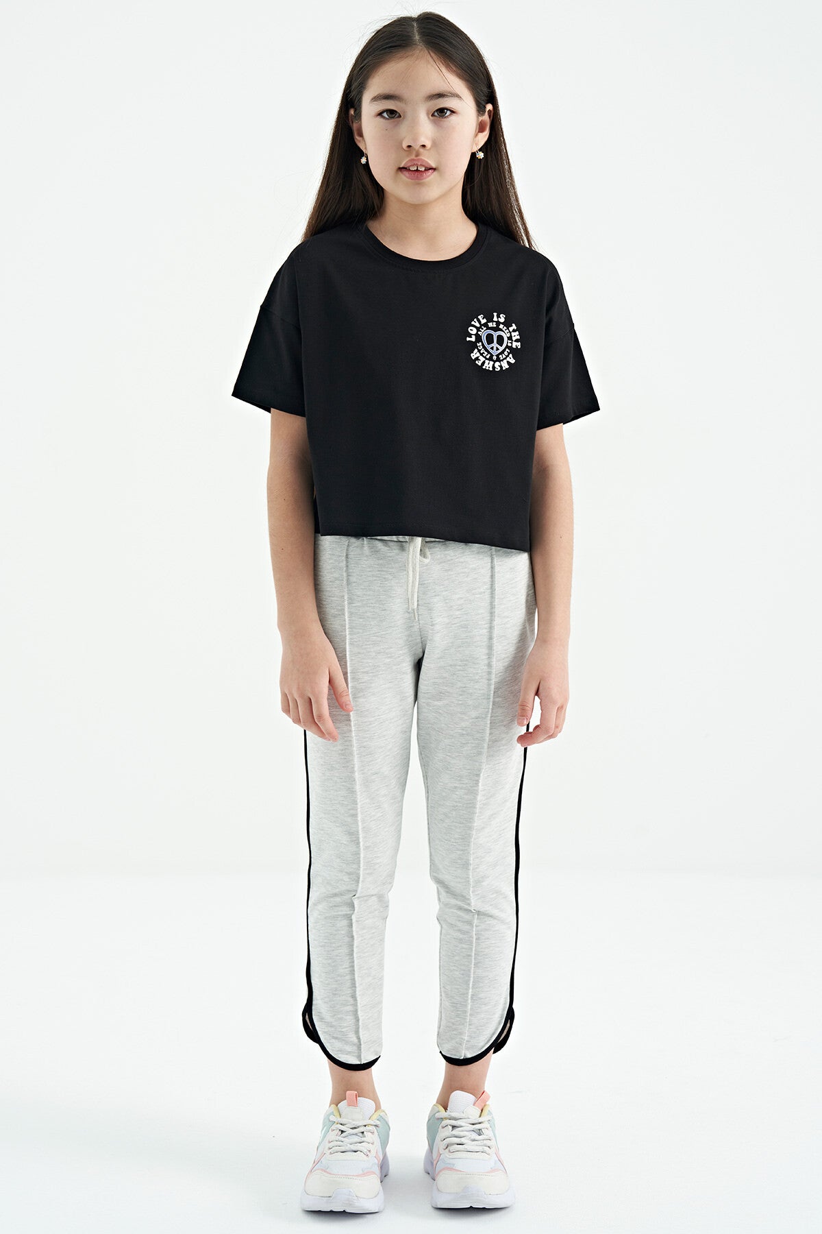 Black Front and Back Printed O Collar Low Shoulder Oversize Short Sleeve Girls T-Shirt - 75126