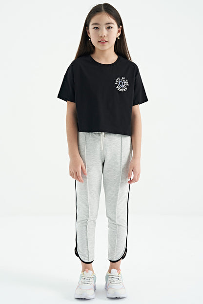 Black Front and Back Printed O Collar Low Shoulder Oversize Short Sleeve Girls T-Shirt - 75126