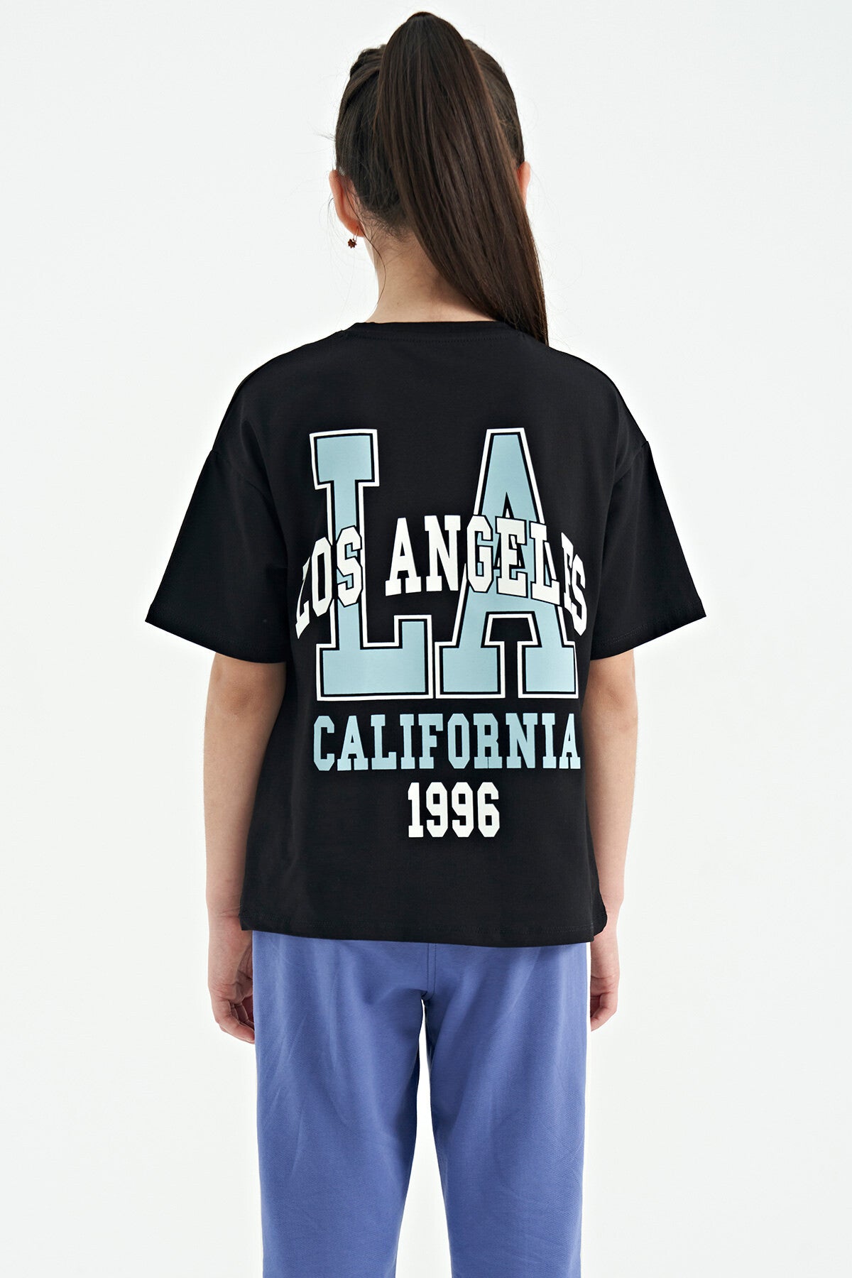 Black Front and Back Printed O Collar Oversize Short Sleeve Girls T-Shirt - 75127