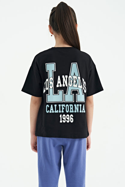 Black Front and Back Printed O Collar Oversize Short Sleeve Girls T-Shirt - 75127