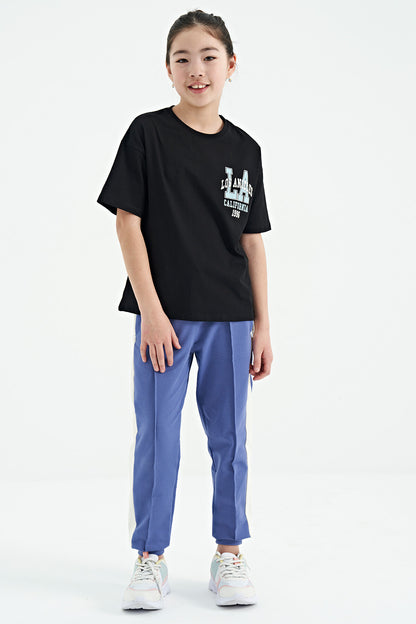 Black Front and Back Printed O Collar Oversize Short Sleeve Girls T-Shirt - 75127