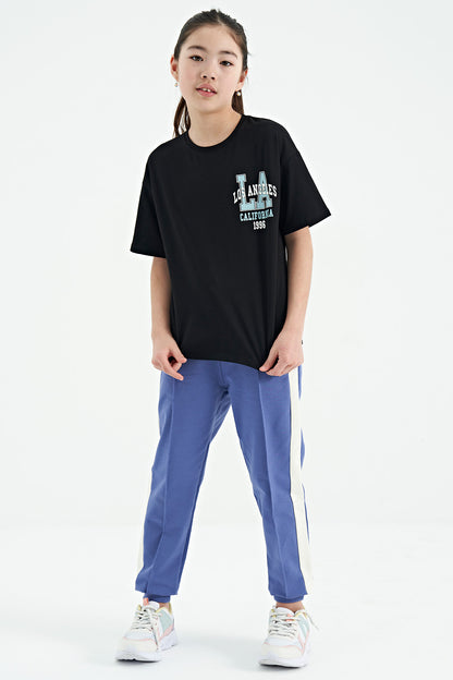 Black Front and Back Printed O Collar Oversize Short Sleeve Girls T-Shirt - 75127