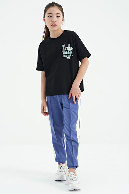 Black Front and Back Printed O Collar Oversize Short Sleeve Girls T-Shirt - 75127