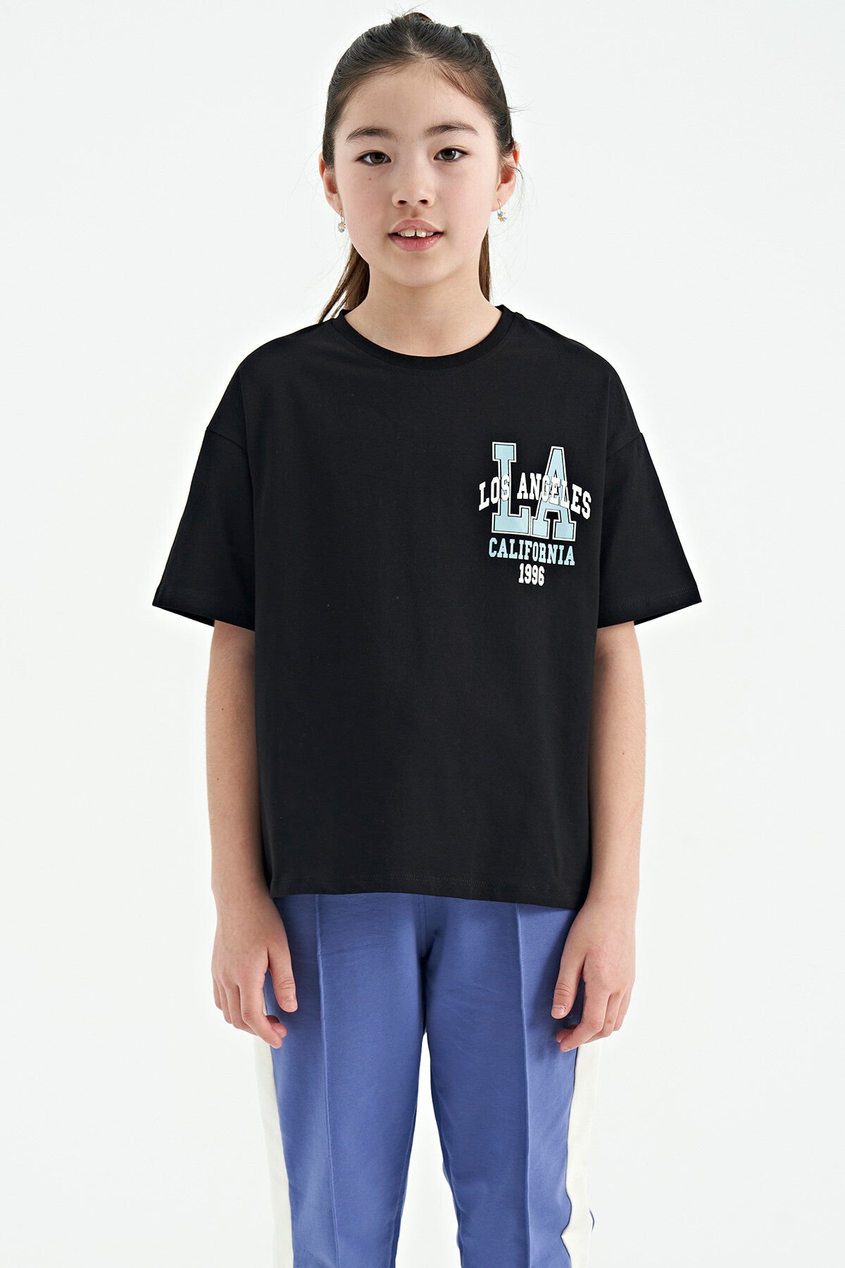 Black Front and Back Printed O Collar Oversize Short Sleeve Girls T-Shirt - 75127