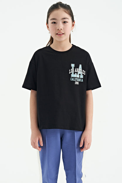 Black Front and Back Printed O Collar Oversize Short Sleeve Girls T-Shirt - 75127
