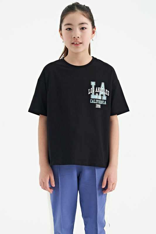 Black Front and Back Printed O Collar Oversize Short Sleeve Girls T-Shirt - 75127