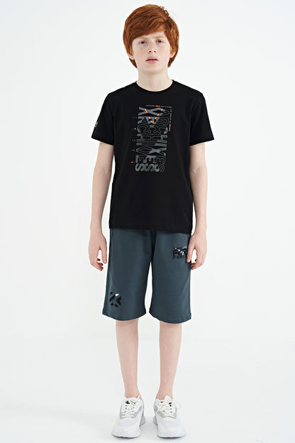 Black Pre-Print Detailed O Collar Standard Fit Boys T-Shirt - 11099