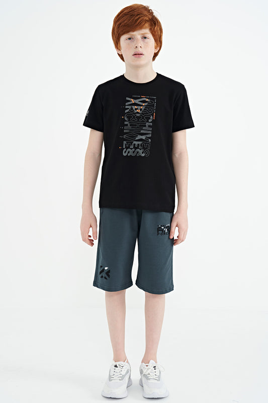 Black Pre-Print Detailed O Collar Standard Fit Boys T-Shirt - 11099