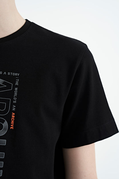 Black Pre-Print Detailed O Collar Standard Fit Boys T-Shirt - 11099