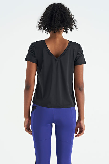Black Pre-Printed V-Neck Back Standard Fit Short Sleeve Women's Sports T-Shirt - 97264