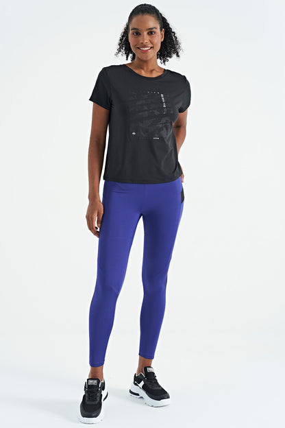 Black Pre-Printed V-Neck Back Standard Fit Short Sleeve Women's Sports T-Shirt - 97264