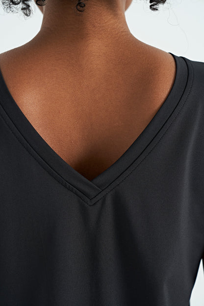 Black Pre-Printed V-Neck Back Standard Fit Short Sleeve Women's Sports T-Shirt - 97264