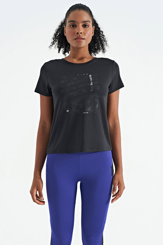 Black Pre-Printed V-Neck Back Standard Fit Short Sleeve Women's Sports T-Shirt - 97264