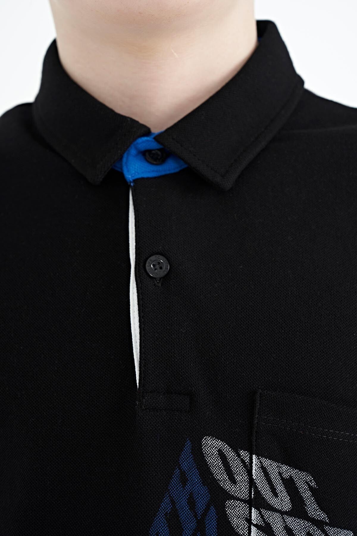 Black Front Detailed Printed Standard Fit Polo Collar Boys T-Shirt - 11102