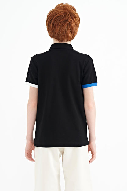 Black Front Detailed Printed Standard Fit Polo Collar Boys T-Shirt - 11102