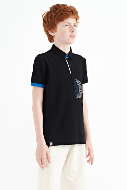 Black Front Detailed Printed Standard Fit Polo Collar Boys T-Shirt - 11102
