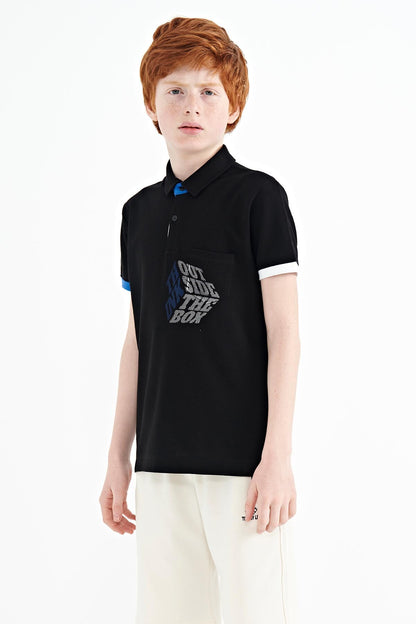 Black Front Detailed Printed Standard Fit Polo Collar Boys T-Shirt - 11102